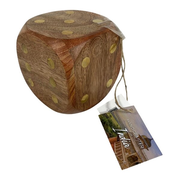 Jumbo Wooden Dice Decor Brass Inlays Handcrafted In India Decor Paperweight NWT - Picture 1 of 5
